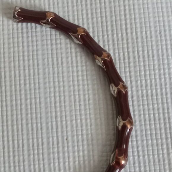 Dark Brown Enamel & Silver Toned Bamboo Style Thin Metal Hoop Fashion Earrings - Picture 4 of 8